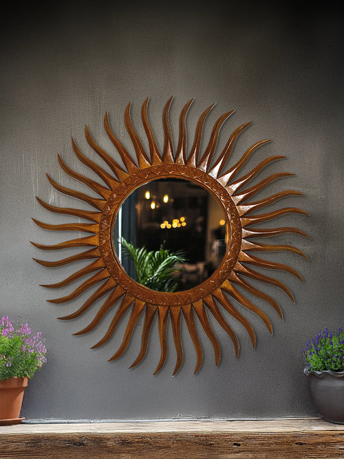 Hand Carved Wooden Contemperory Round Mirror Frame - Style 5 - Custom Image