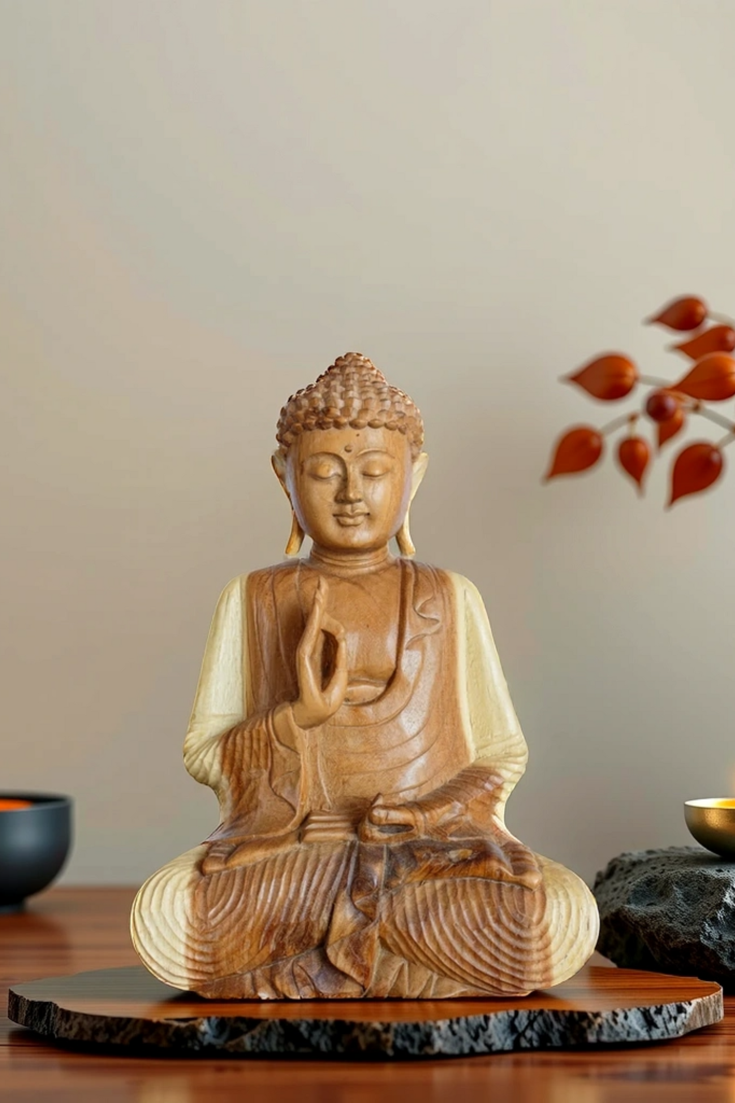 Hand-Carved Meditating Wooden Buddha Statue