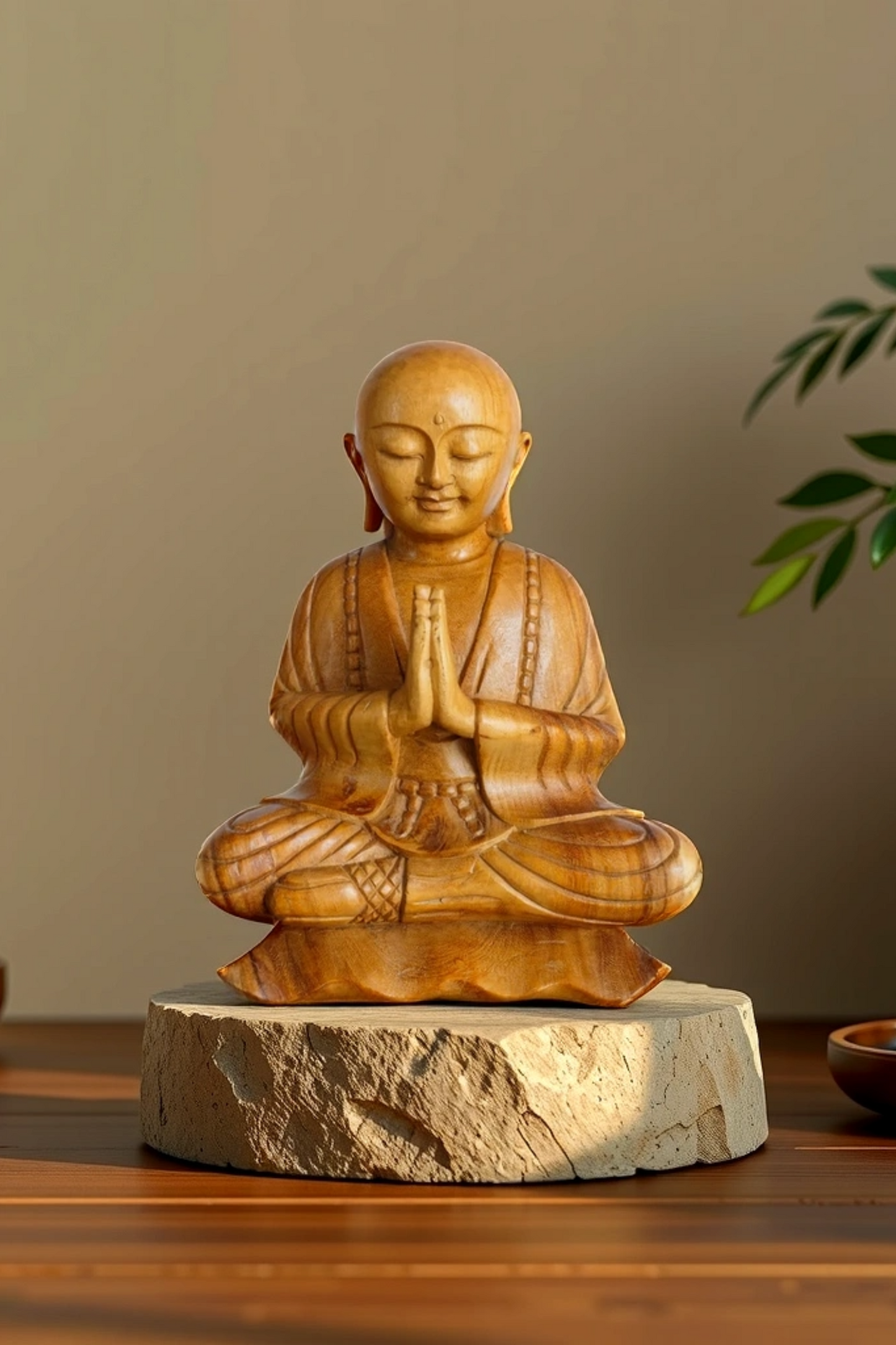 Hand-Carved Wooden Praying Bald Monk Statue