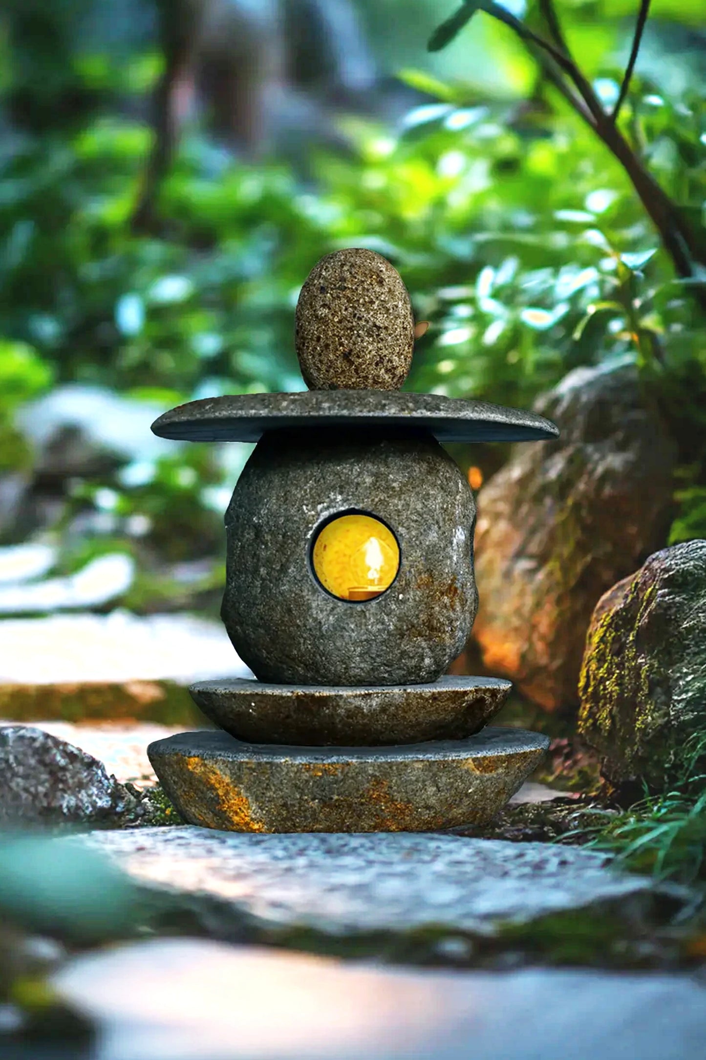 Hand Sculpted Natural Stone Pathway Lamp - Style 1