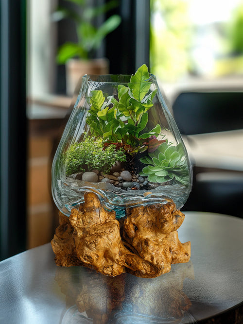 Individually Blown Glass Bowl With Unique Drift Wood Base - Custom Image