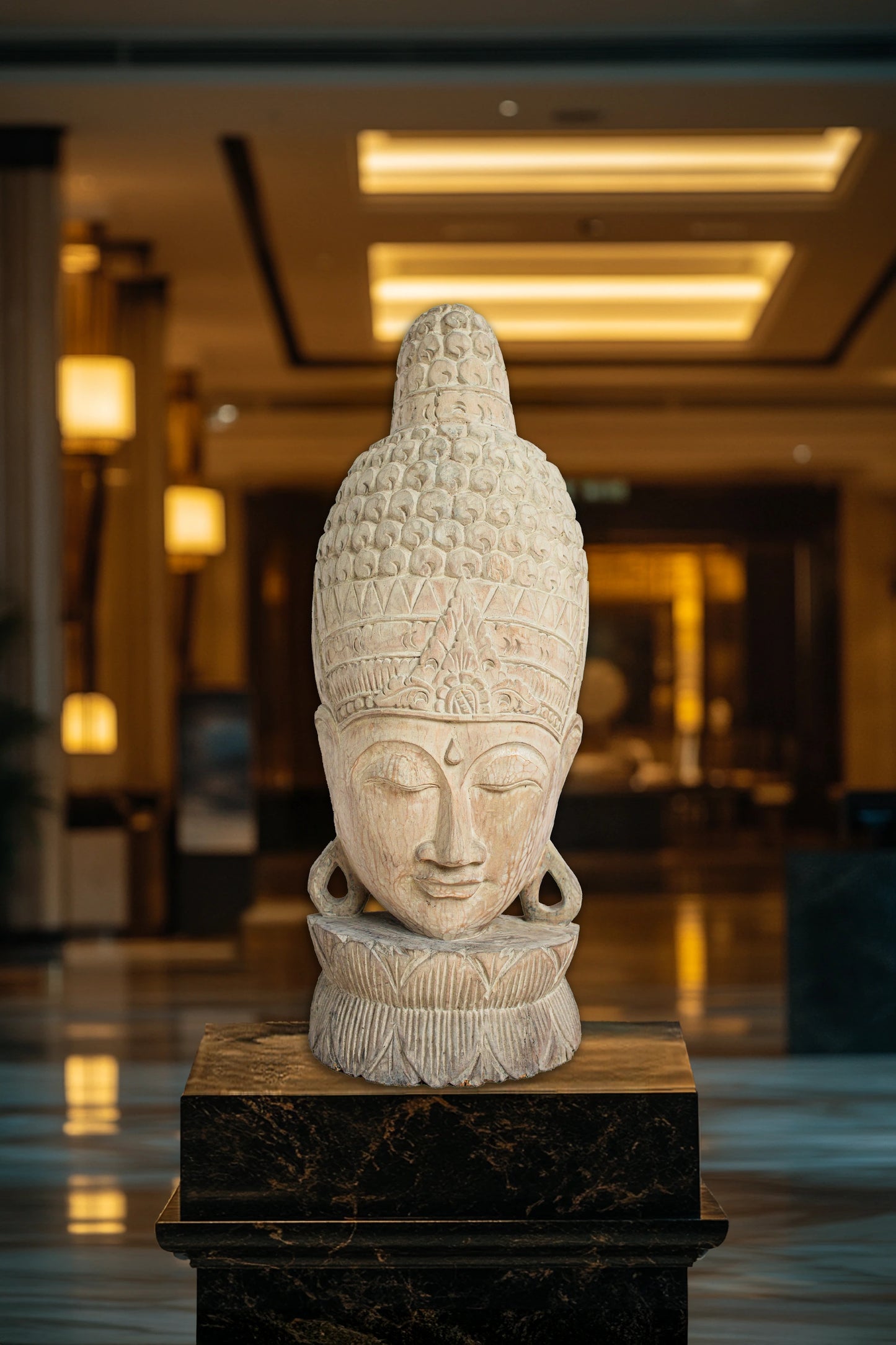 Wooden Buddha Head - White Antique - Style 05