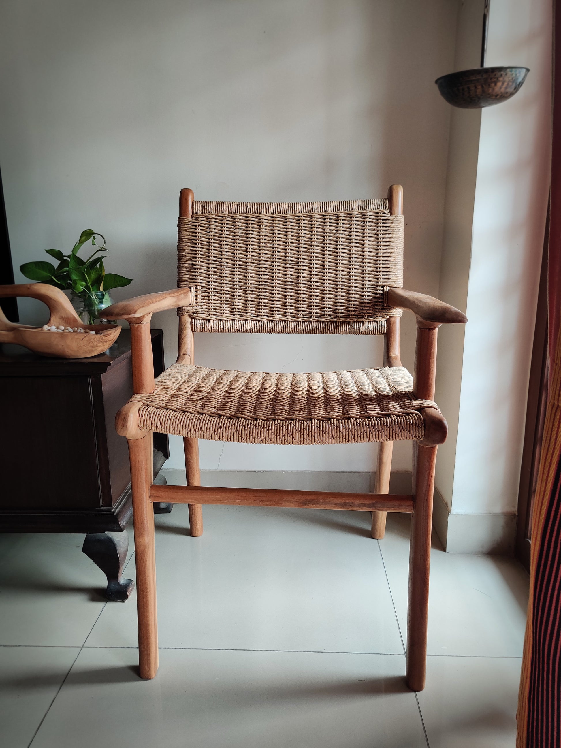 Rattan Casual Teak Dining Chair with arms - Indoor Decor- Decorcorner