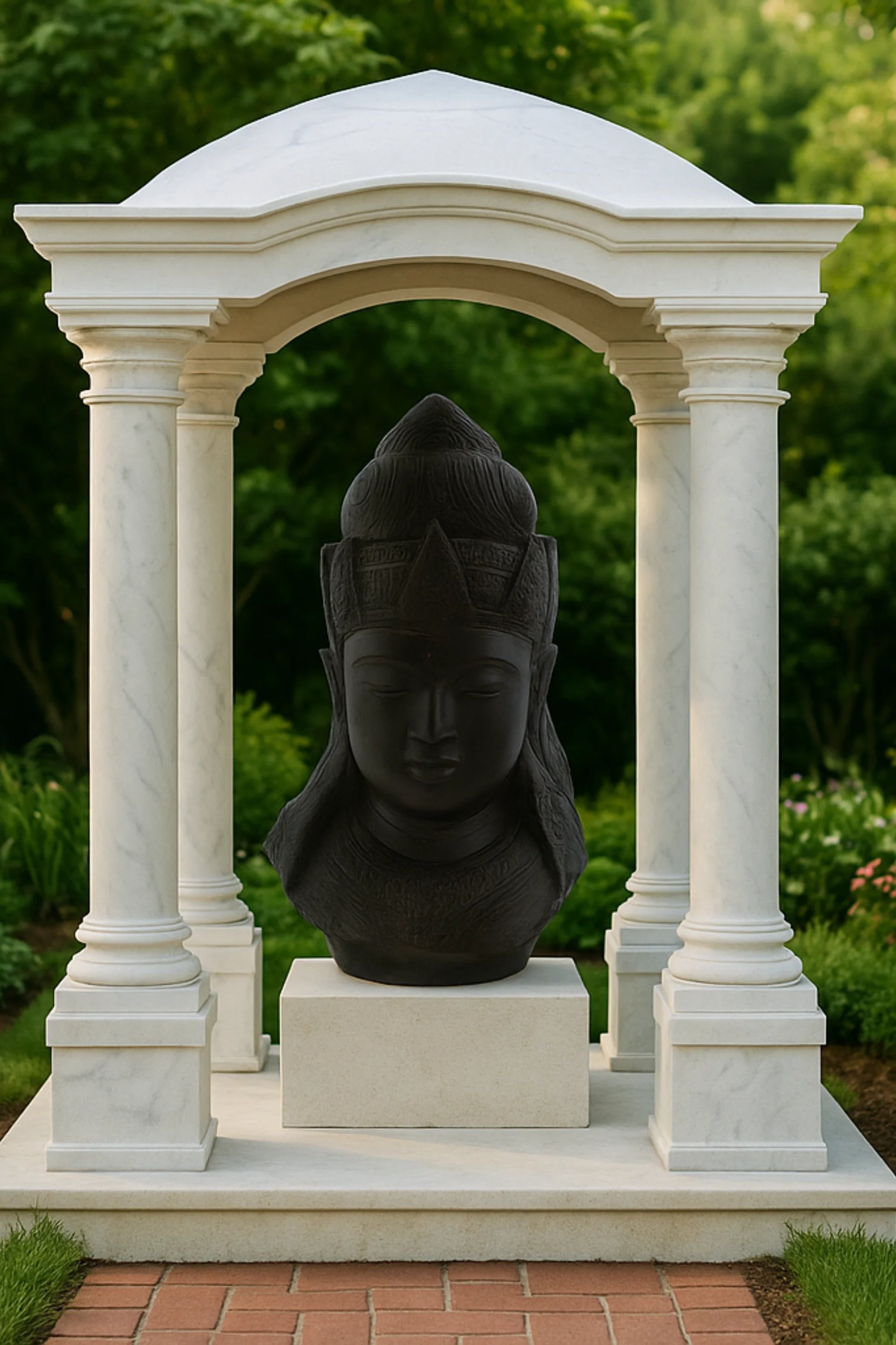 Black Buddha statue in front of a white marble archway with greenery in the background