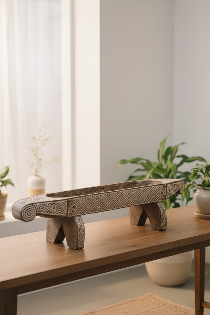 Timor Tribal Hand Carved Boat Bowl With Stand