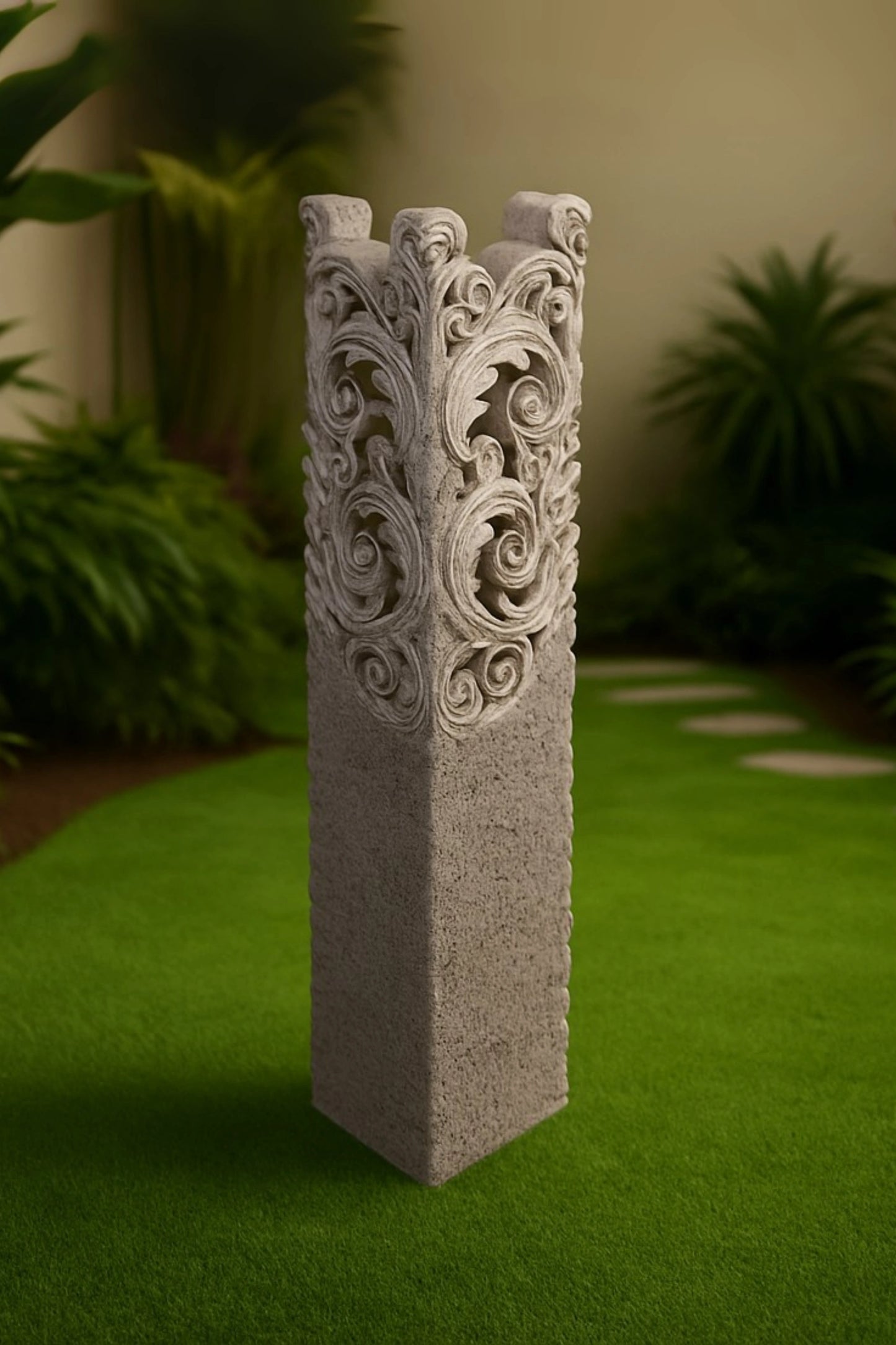 Grey Hand Carved Garden Column - Small