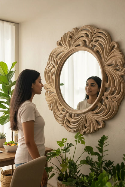 Hand Carved Wooden Contemperory Round Mirror Frame - Style 7