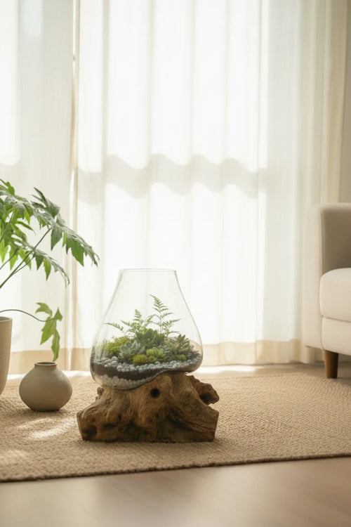 Individually Blown Glass Bowl With Unique Drift Wood Base - Custom Image