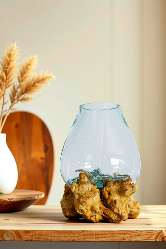 Individually Blown Glass Bowl with Natural Wood Base
