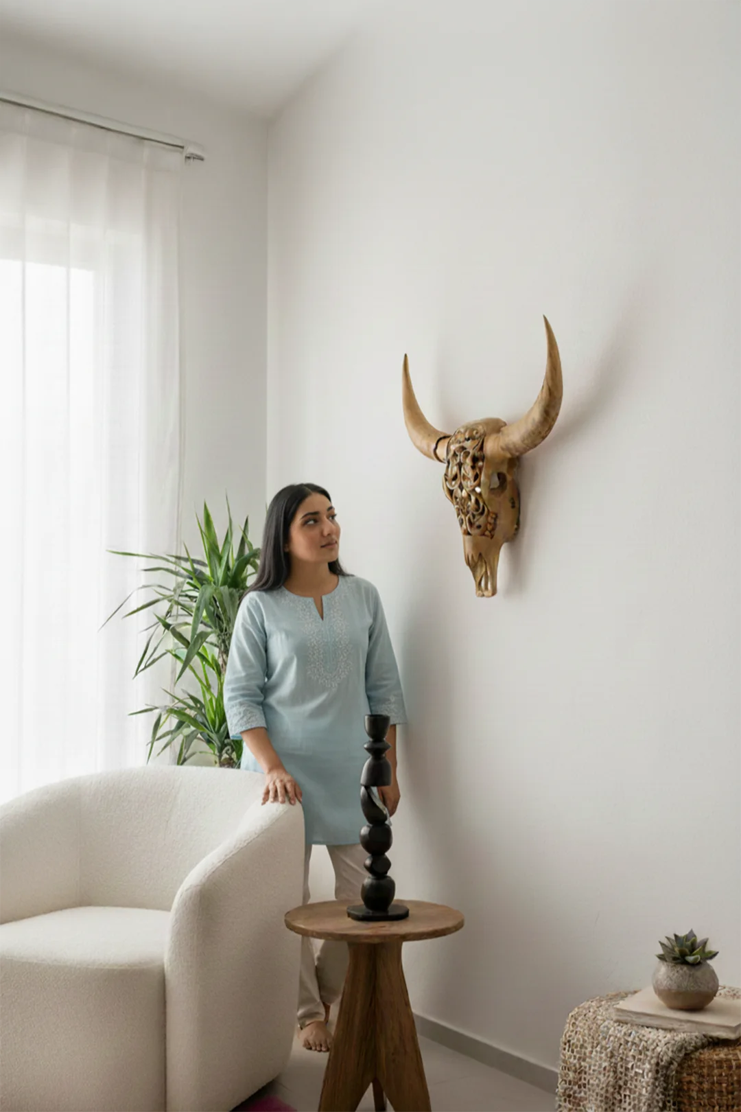 Intricately Hand Carved Wooden Bull Head