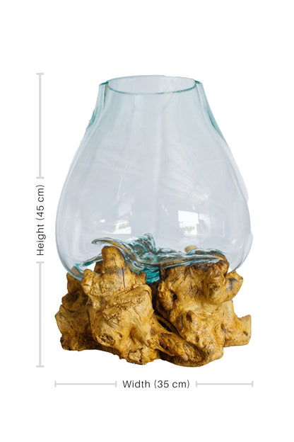 Individually Blown Glass Bowl With Unique Drift Wood Base