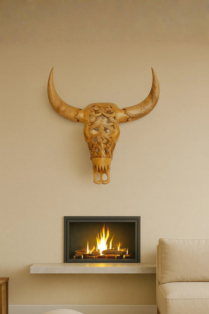 Intricately Hand Carved Wooden Bull Head