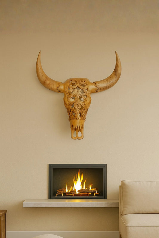 Intricately Hand Carved Wooden Bull Head