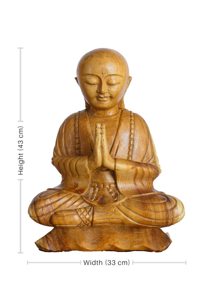Hand Carved Wooden Praying With Peace Monk Statue - Style 2