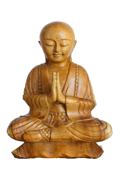 Hand Carved Wooden Praying With Peace Monk Statue - Style 2