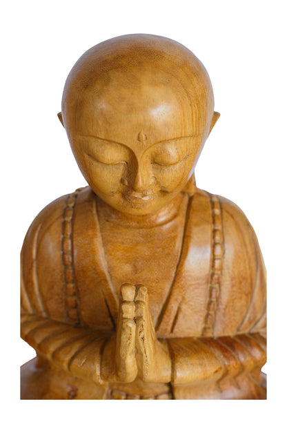 Hand Carved Wooden Praying With Peace Monk Statue - Style 2
