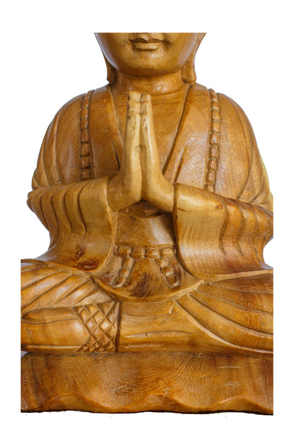 Hand Carved Wooden Praying With Peace Monk Statue - Style 2