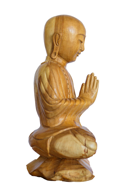 Hand Carved Wooden Praying With Peace Monk Statue - Style 2