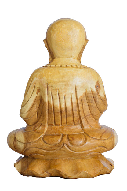 Hand Carved Wooden Praying With Peace Monk Statue - Style 2
