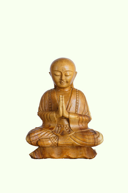 Hand-Carved Wooden Praying Bald Monk Statue