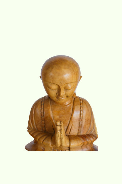 Hand-Carved Wooden Praying Bald Monk Statue