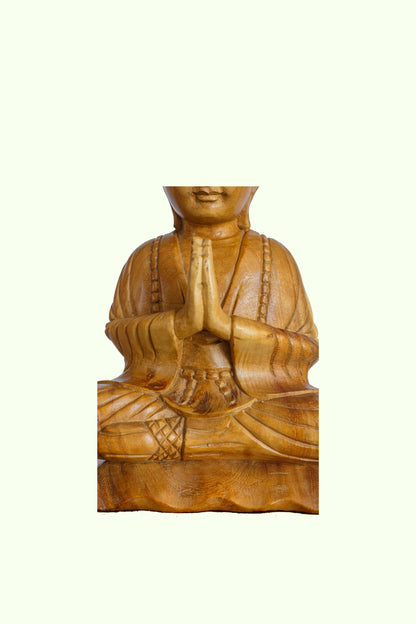 Hand-Carved Wooden Praying Bald Monk Statue