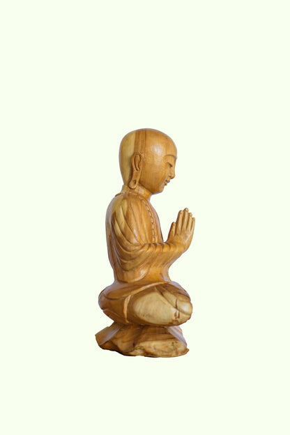 Hand-Carved Wooden Praying Bald Monk Statue