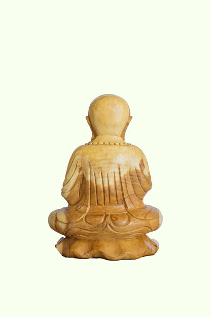 Hand-Carved Wooden Praying Bald Monk Statue