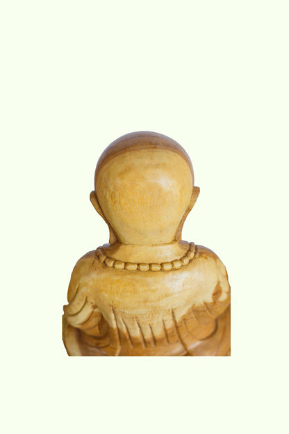 Hand-Carved Wooden Praying Bald Monk Statue