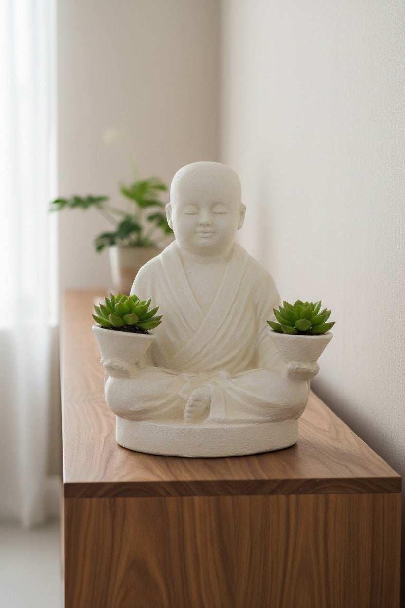 Baby Monk With Two Tea Light Bowls