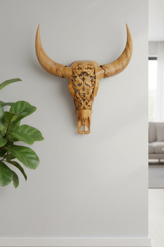 Intricately Hand Carved Wooden Bull Head