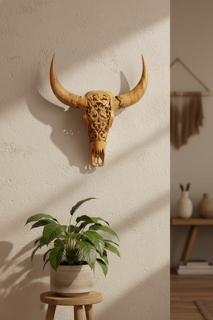 Intricately Hand Carved Wooden Bull Head