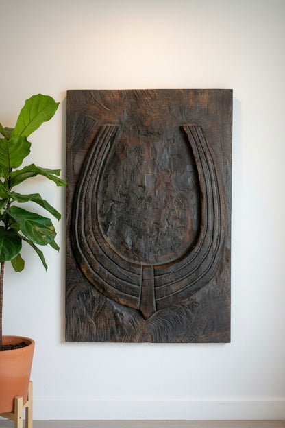 Wild Bison Horn Hand Carved Wooden Wall Panel