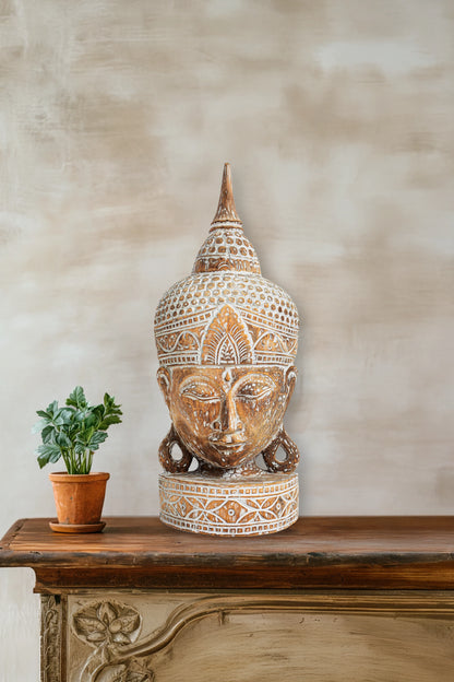 Wooden Buddha Head - White Antique - Style 04