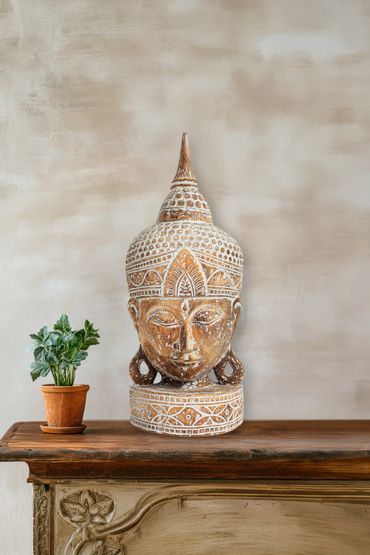 Wooden Buddha Head - White Antique - Style 04