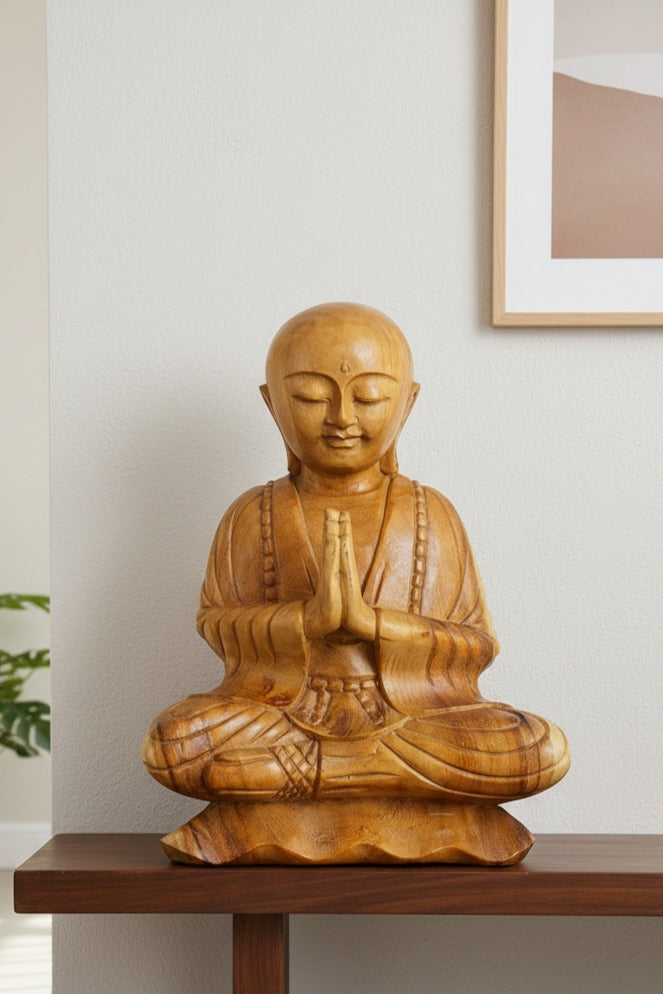 Hand Carved Wooden Praying With Peace Monk Statue - Style 2