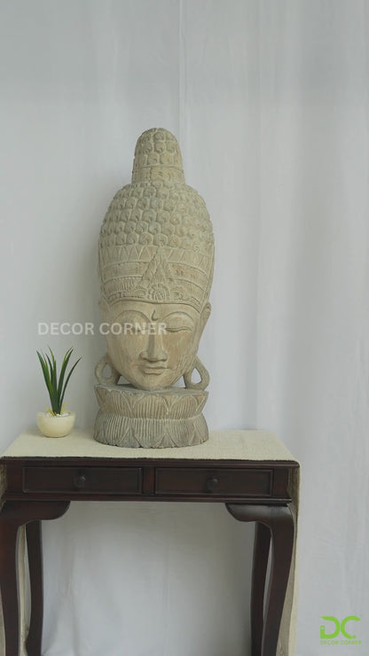 Wooden Buddha Head - White Antique - Style 05