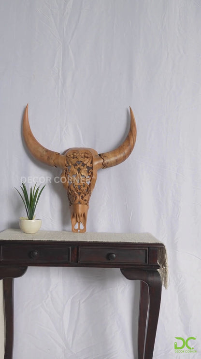 Intricately Hand Carved Wooden Bull Head