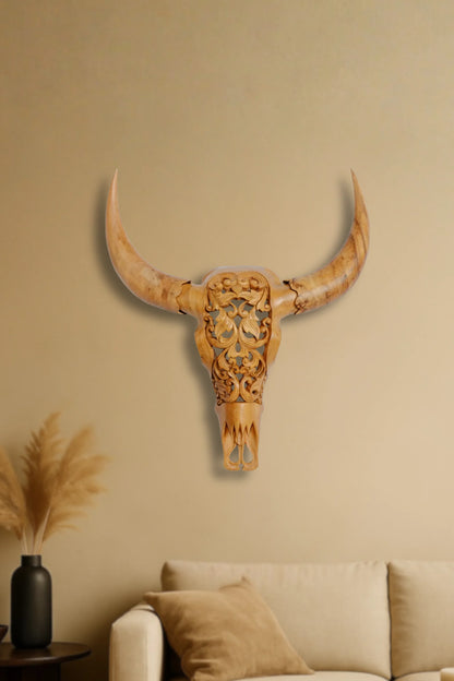 Intricately Hand Carved Wooden Bull Head
